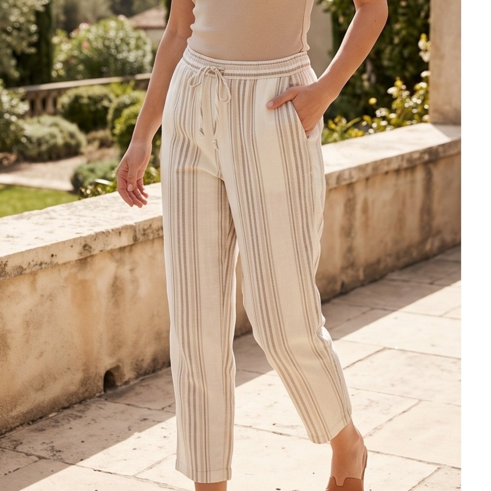 H&M S Regular Fit Linen Blend Striped Pull On Pants Cream Tan Small